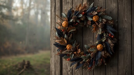 autumn wreath with pumpkins, pinecones, feathers, and rustic Halloween accents