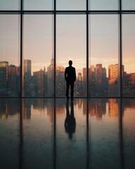 Fototapeta premium Business leader standing in front of floor-to-ceiling windows overlooking a modern city skyline, representing vision and ambition.