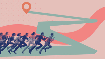 Corporate race concept with business people running towards a shared target location