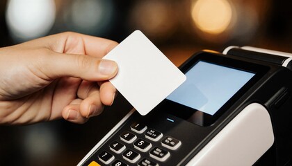 A hand holding a white card for contactless payment at a modern payment terminal