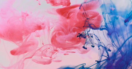 Pigment fume. Paint blob water. Red blue dripping mix steam flow defocused fluid. Color art...