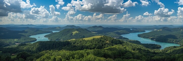 Panoramic view of a winding lake surrounded by lush green hills under a partly cloudy sky.