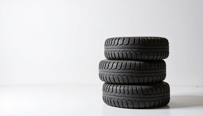 Stack of three durable black car tires on a clean white background for automotive maintenance and vehicle service