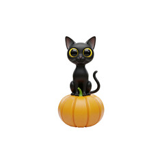 3D Cartoon black cat with big eyes sitting on pumpkin, white background