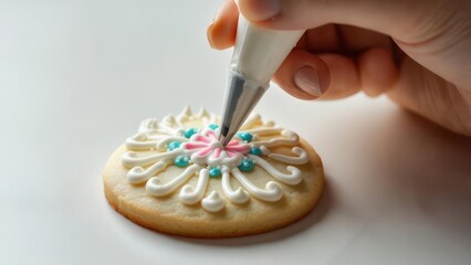 Hand decorating a round cookie