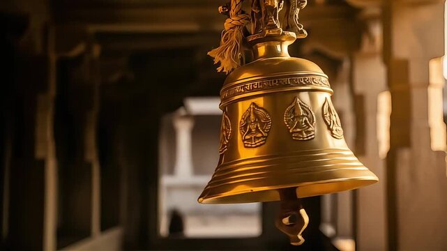 Ornate brass temple bell a symbol of faith and tradition for global ayyappa convention capturing cultural richness in every detail