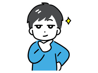 にやりと得意げに笑う若い私服の男性(上半身・正面)