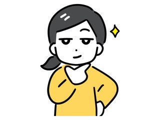 にやりと得意げに笑う若い私服の女性(上半身・正面)