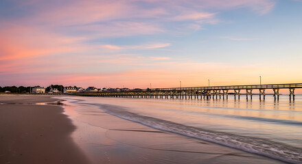 Pier at sunset with calm ocean waves reflecting the pink and blue sky