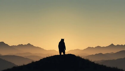 Bear silhouette on mountain peak with layered mountain range view