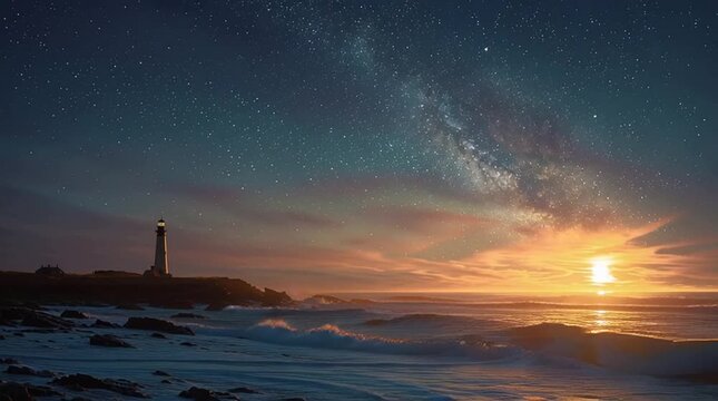 
A photorealistic timelapse of night sky filled with stars fading into sunrise behind a lighthouse on the coast, waves crashing