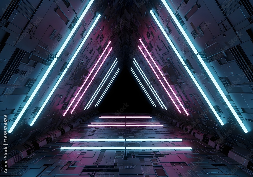 Poster futuristic tunnel with neon lights and geometric patterns creating an immersive sci fi experience