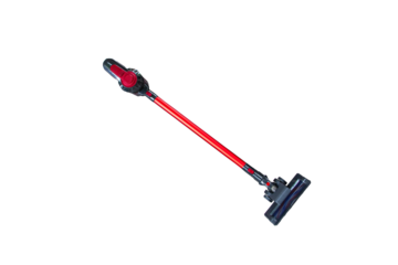 Small vacuum cleaner brush red, black isolated on cut out PNG or transparent background. Concept of household chores. Battery-powered cordless vacuum cleaner technology equipment.