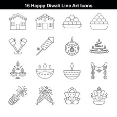 Diwali Festival Line Icons Diyas Lanterns Rangoli and Fireworks Vector Pack