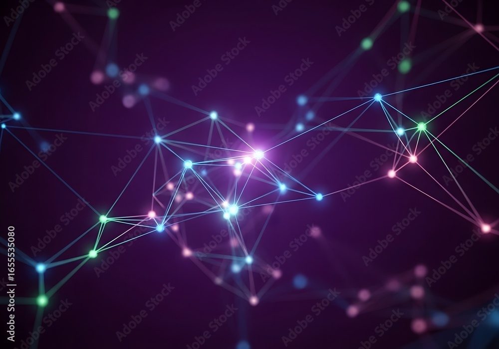 Aufkleber abstract glowing network of interconnected nodes and lines against a dark purple background