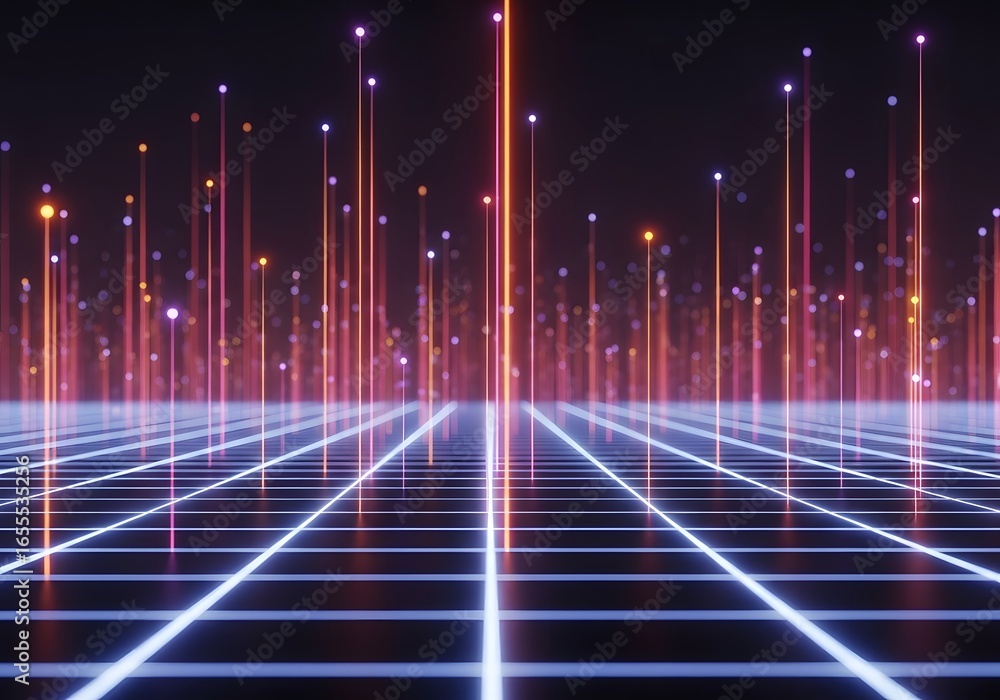 Poster futuristic neon grid landscape with glowing vertical data streams reaching towards a dark digital sk