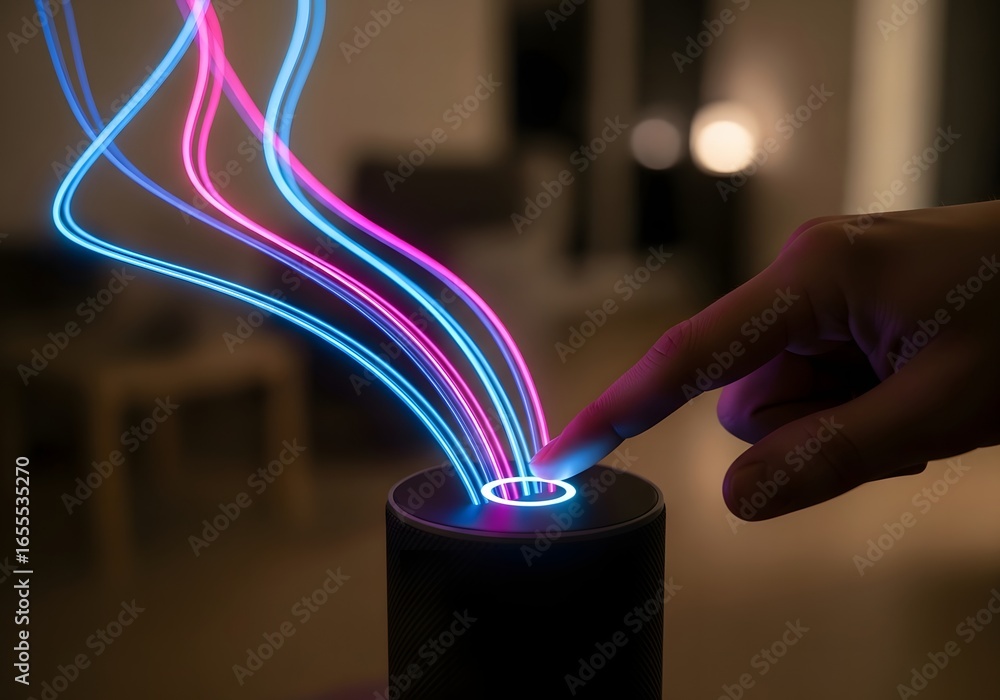 Aufkleber fingertip interacts with vibrant plasma streams emanating from a device creating a mesmerizing light