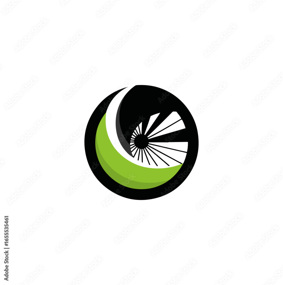Poster abstract design with green crescent and spiral pattern
