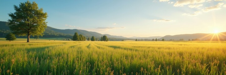 Obraz premium Golden field stretching to the mountains at sunrise.