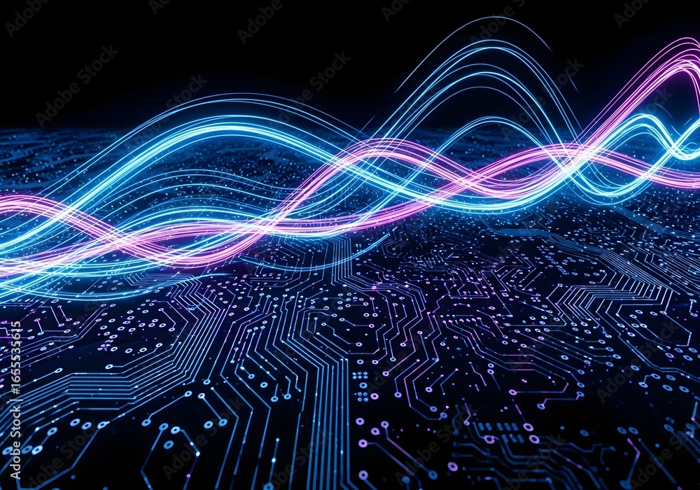 Poster abstract digital waves flowing over a circuit board representing data and technology