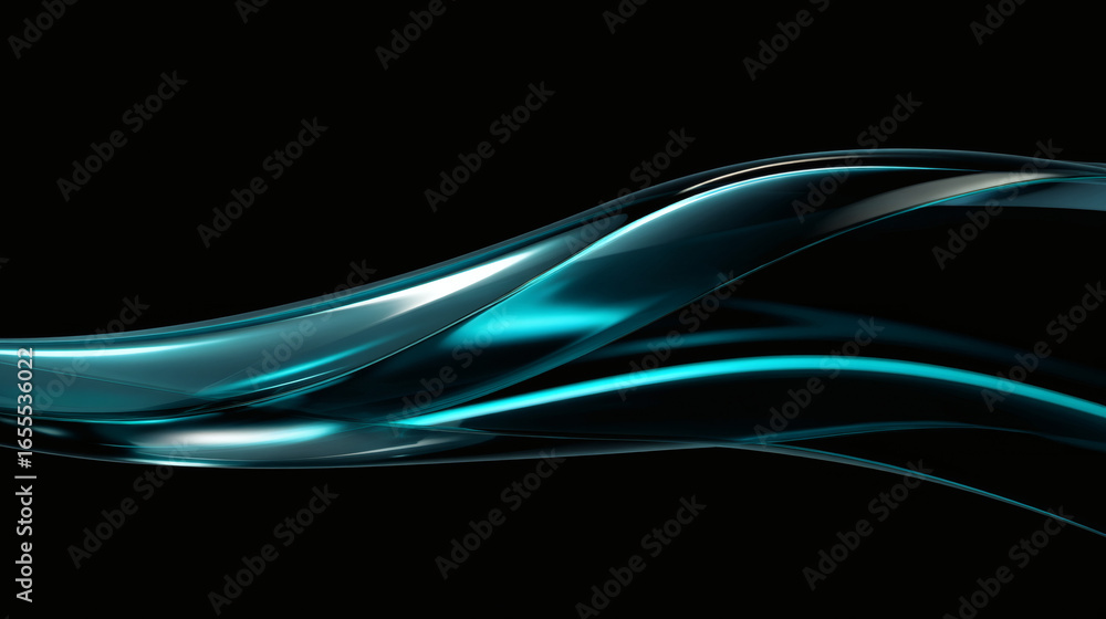 Poster smooth transparent shape with glowing aqua edges on black background, creating sleek and futuristic 