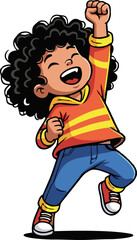 Joyful Cartoon Child with Curly Hair in Action Pose