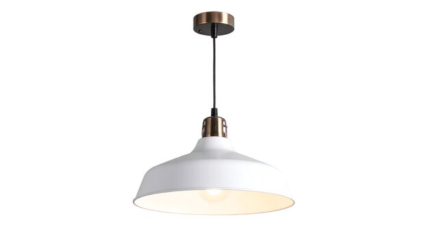 White pendant lamp with copper accents, simple design, hanging from ceiling - Powered by Adobe