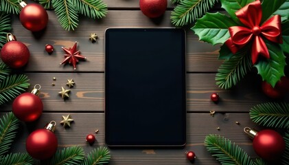 Christmas tablet mockup; overhead, rustic decor, app preview space, ecommerce, screen