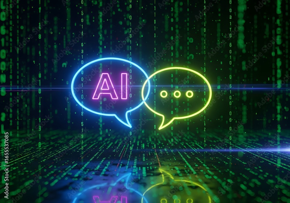 Aufkleber artificial intelligence chatbots communicate through neon speech bubbles against a digital matrix ba