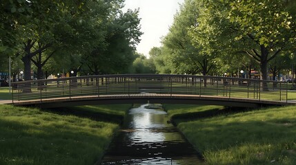 modern park walkway &ndash; metal railing bridge over calm water in green landscape