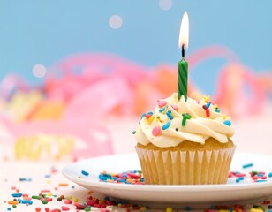 Single Birthday Cupcake with Candle on Plate