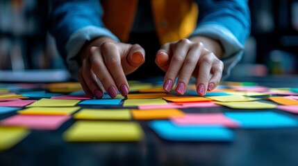 Obraz premium Hands Arranging Colorful Sticky Notes on a Dark Table Surface