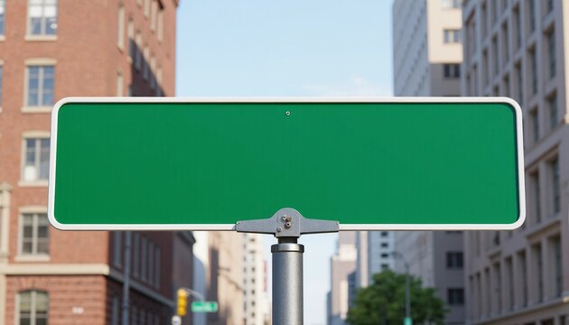 Blank green street sign in an urban setting with a city backdrop