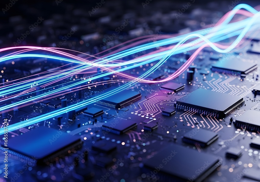 Poster abstract visualization of glowing energy streams flowing over a complex computer circuit board
