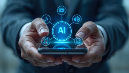 User interacting with AI chatbot on mobile device, surrounded by speech bubble, voice waveform, command prompt bar, representing conversational AI, virtual assistant, and smart customer support.