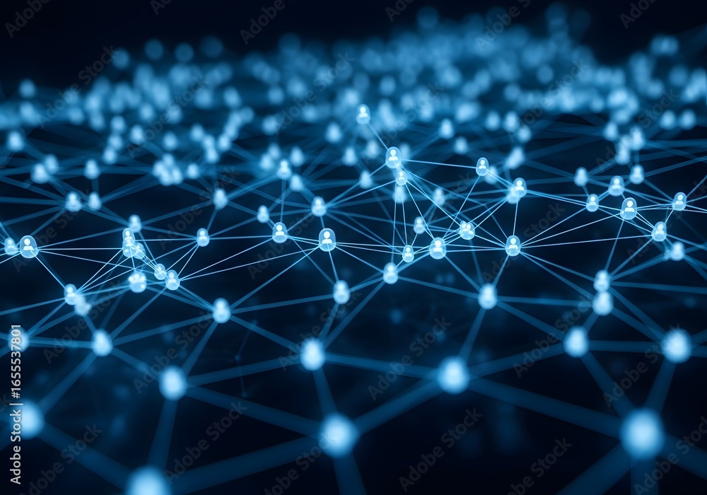 Poster abstract glowing blue network of interconnected nodes and lines on a dark background representing da