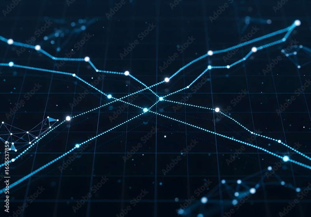 Poster abstract digital network of interconnected lines and glowing nodes on a dark futuristic background