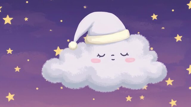 A cute, sleeping cloud character wears a nightcap against a purple twilight sky dotted with yellow stars