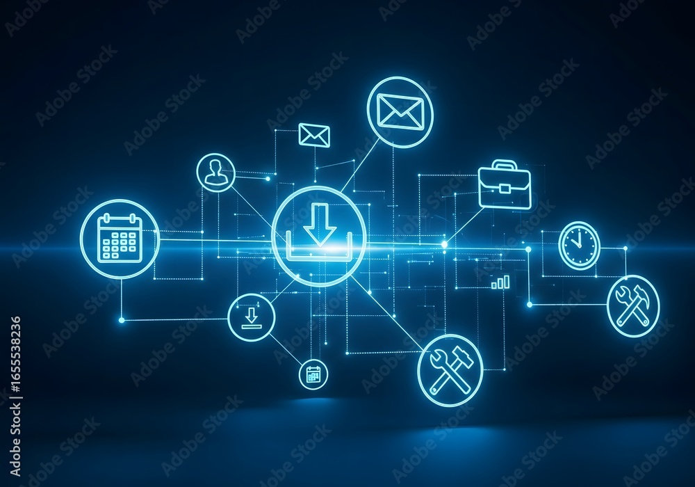 Poster digital network connecting various business and communication icons with a central user hub