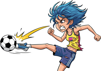 Powerful Female Soccer Player Kicking Ball with Fierce Determination