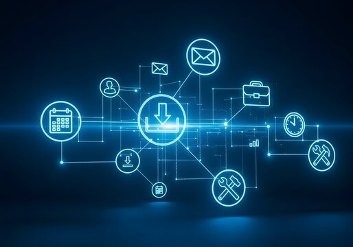 Digital network connecting various business and communication icons with a central user hub