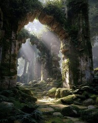 Obraz premium Ancient moss-covered stone ruins with sunlight streaming through the trees, evoking mystery and history.