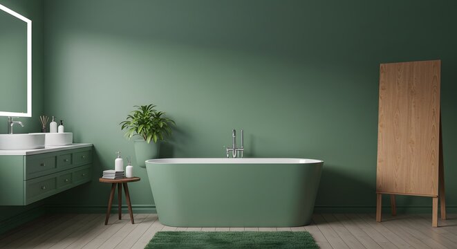Green bathroom with tub double sink wood table mirror and a wooden divider - Powered by Adobe