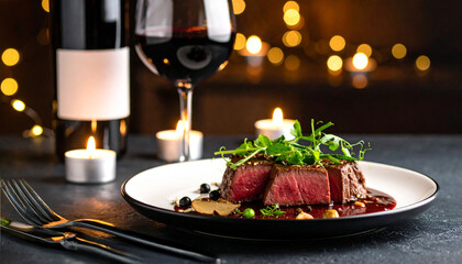 Steak Dinner with Red Wine and Candlelight