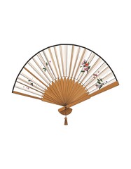 Handheld fan with wooden frame and floral design, light beige background