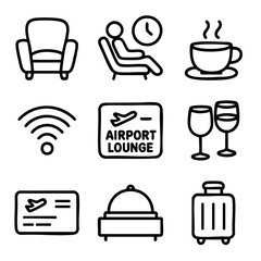 A set of doodle line icons showing airport lounge services like seating, drinks, Wi-Fi, luggage, and flight access