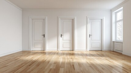 Fototapeta premium Minimalist bright and clean empty room, three white doors in three corners, wooden floor running through the whole room, quiet and simple interior space