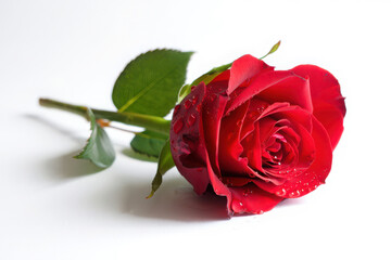 Single red rose lying down on a white background