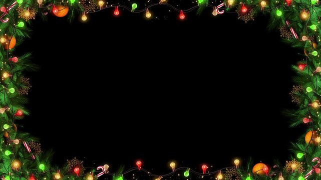 Merry Christmas Greeting Video in red background tree branches, snowfall and Christmas ball tree fresh branches with Christmas Decorations tree leaves candy canes gift boxes New Year and Christmas