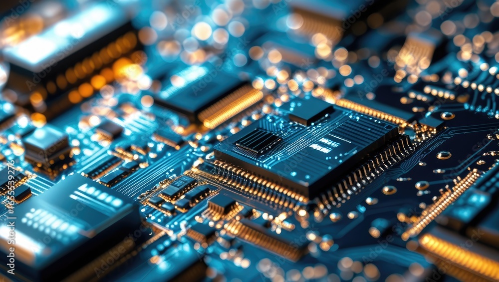 Poster close-up view of intricate circuit board components.